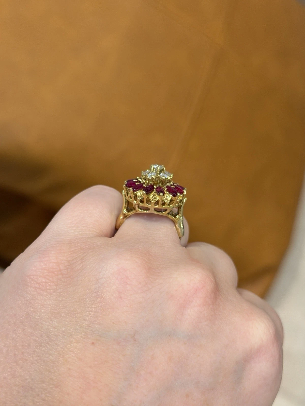 14K Yellow Gold Marquise Ruby & Diamond Cluster Ring – 8.45g – Adjustable 4.5–7 by Devine & Co — back view