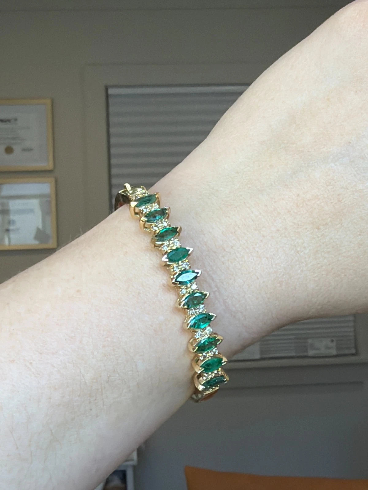 14K Yellow Gold Emerald & Diamond Bangle Bracelet, Marquise Emeralds, 7.5 Oval by Devine & Co — back view