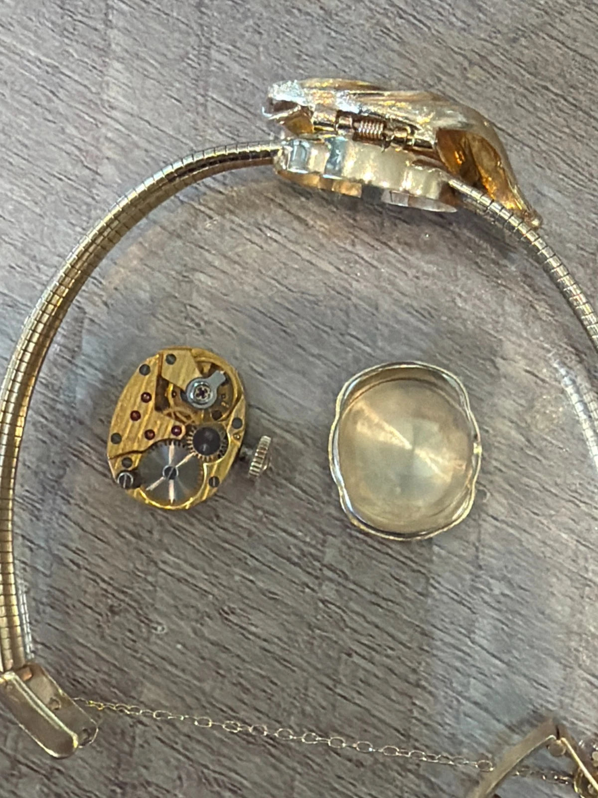 Vintage Hamilton 14K Yellow Gold Hidden Watch Bracelet Florentine Leaf Diamonds by Devine & Co — back view