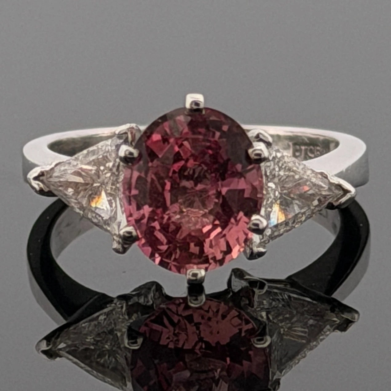 Platinum Natural Padparadscha Sapphire Trillion Diamond Ring 2.16ct .70ctw AIGS by Devine & Co — back view