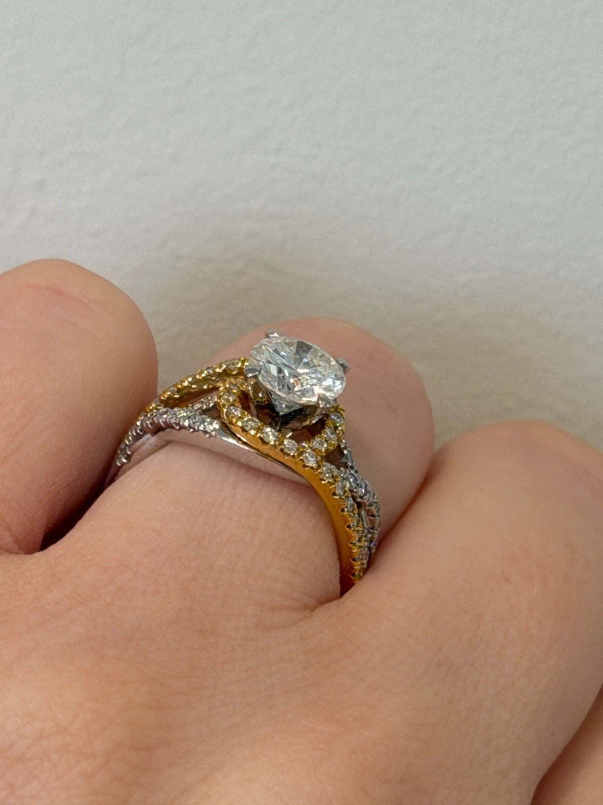 14K Two-Tone Diamond Engagement Ring Round 1.52ct GVS2 EGL Halo Bypass Setting by Devine & Co — front view