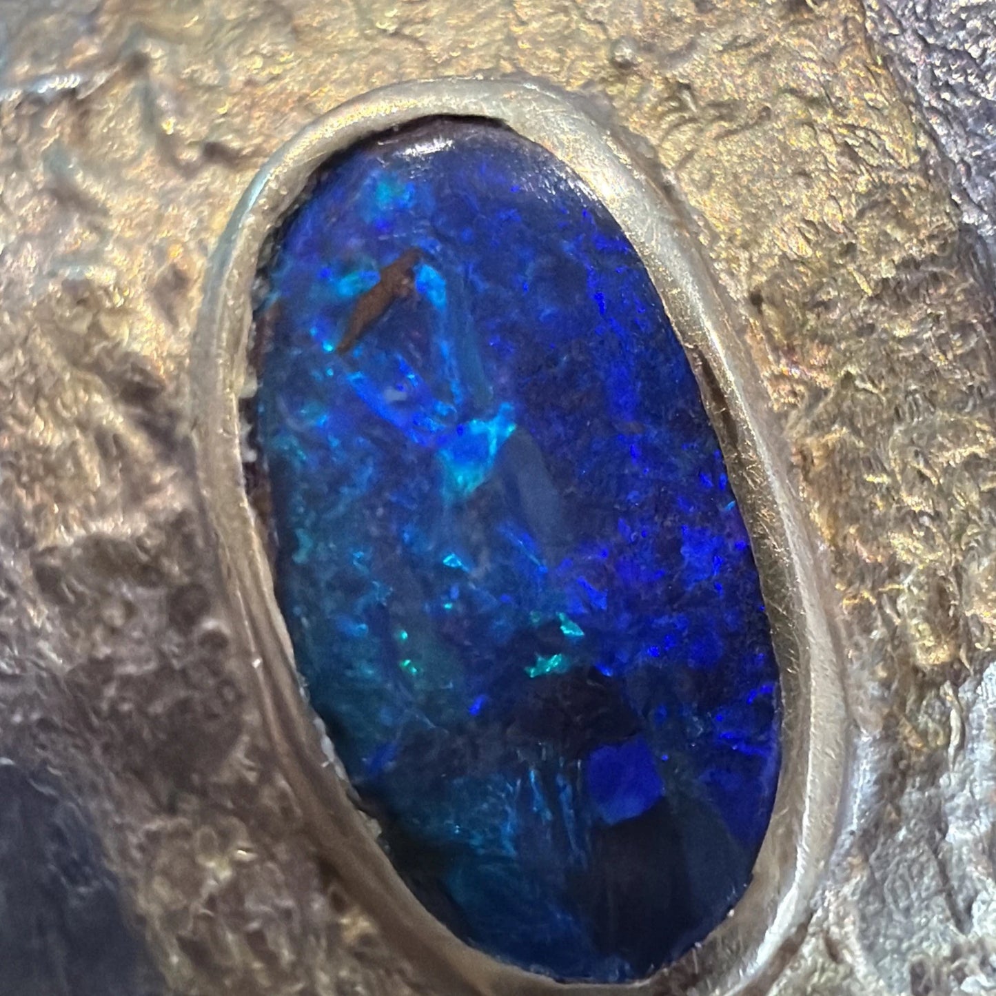 Boulder Opal Inlay Wide Cuff Bracelet 925 Sterling Silver 14K Gold 67g 30mm