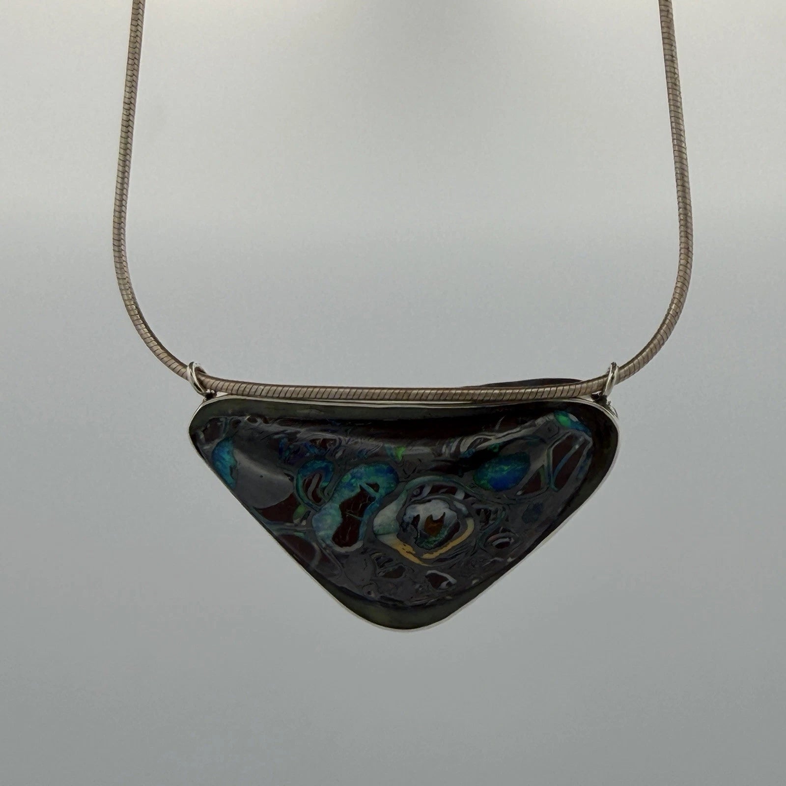 Australian Boulder Opal Pendant Necklace Sterling Silver Custom Bezel 20” Chain, length/detail view