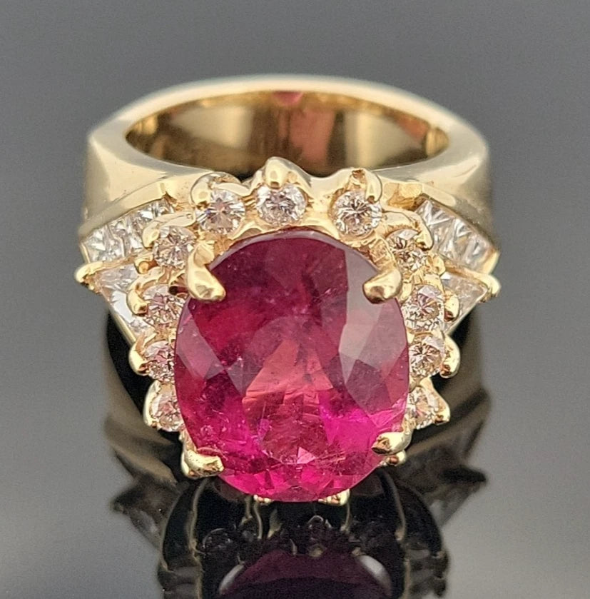 Natural Oval Rubellite Tourmaline Ring 6.90ct & 2CTW Diamonds 14K Yellow Sz 6.5 by Devine & Co — back view