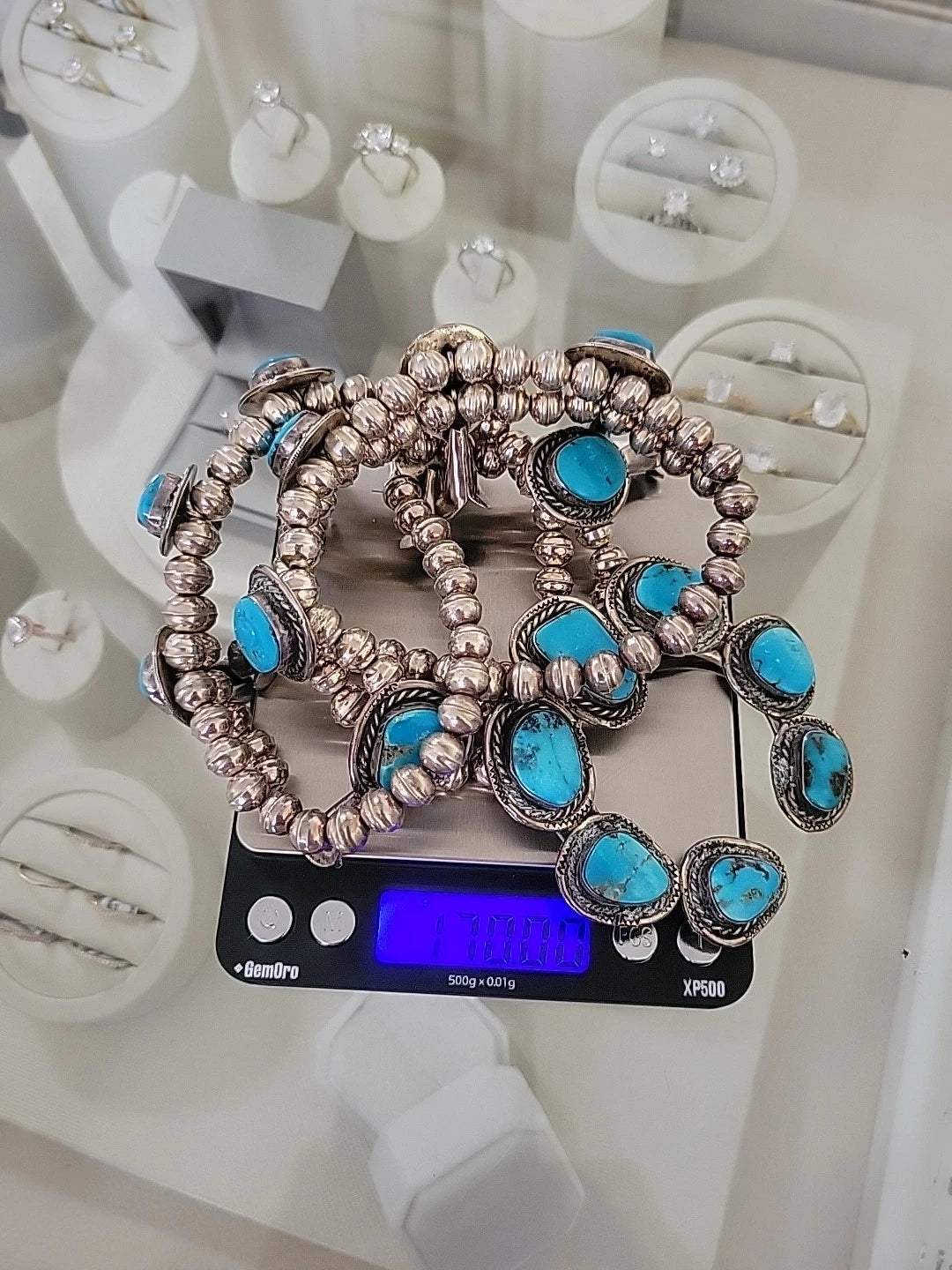 Vintage Sterling Silver Squash Blossom Necklace with Turquoise, 170 Grams, 24" by Devine & Co — front view