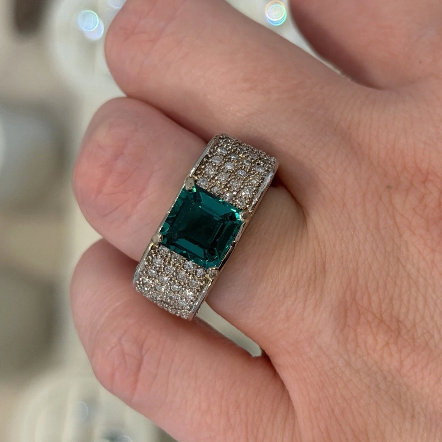 Lab Created Emerald and Diamond Ring 14K White Gold Wide Pavé Mounting 1.50CTW, close-up detail