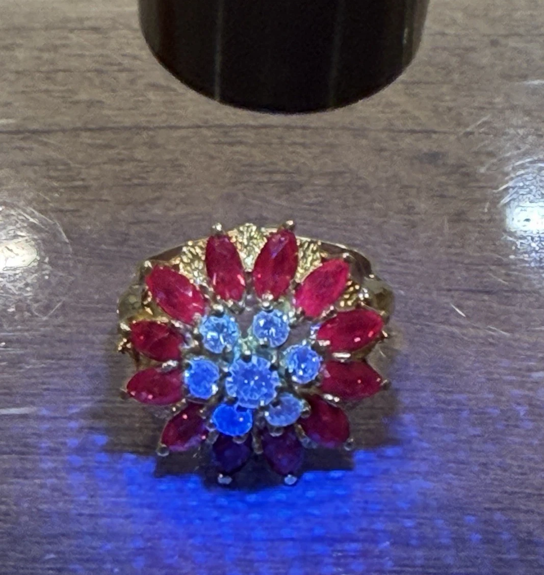 14K Yellow Gold Marquise Ruby & Diamond Cluster Ring – 8.45g – Adjustable 4.5–7 by Devine & Co — front view