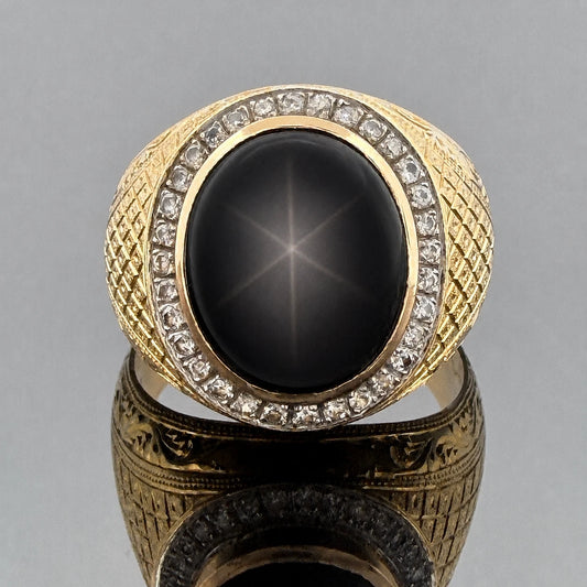 Men's 14K Yellow Gold Natural Black Star Sapphire Diamond Ring Size 12.5, 16.5g