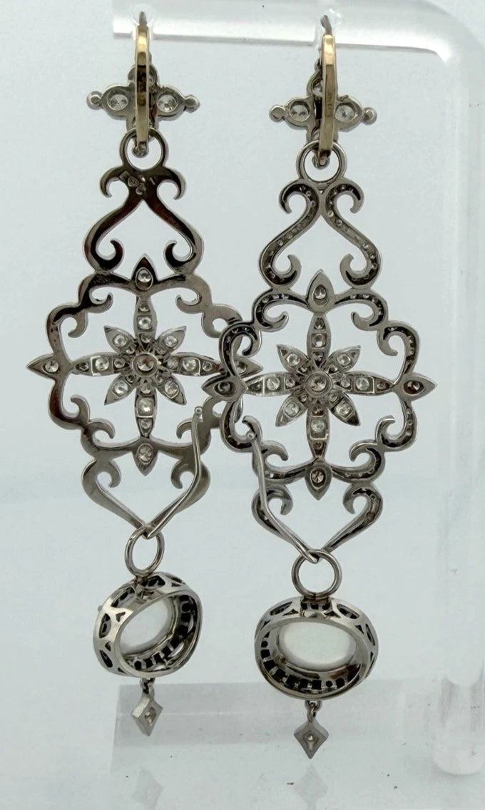 18K & 14K White Gold Moonstone Black Diamond Dangle Earrings 3" 17.9g