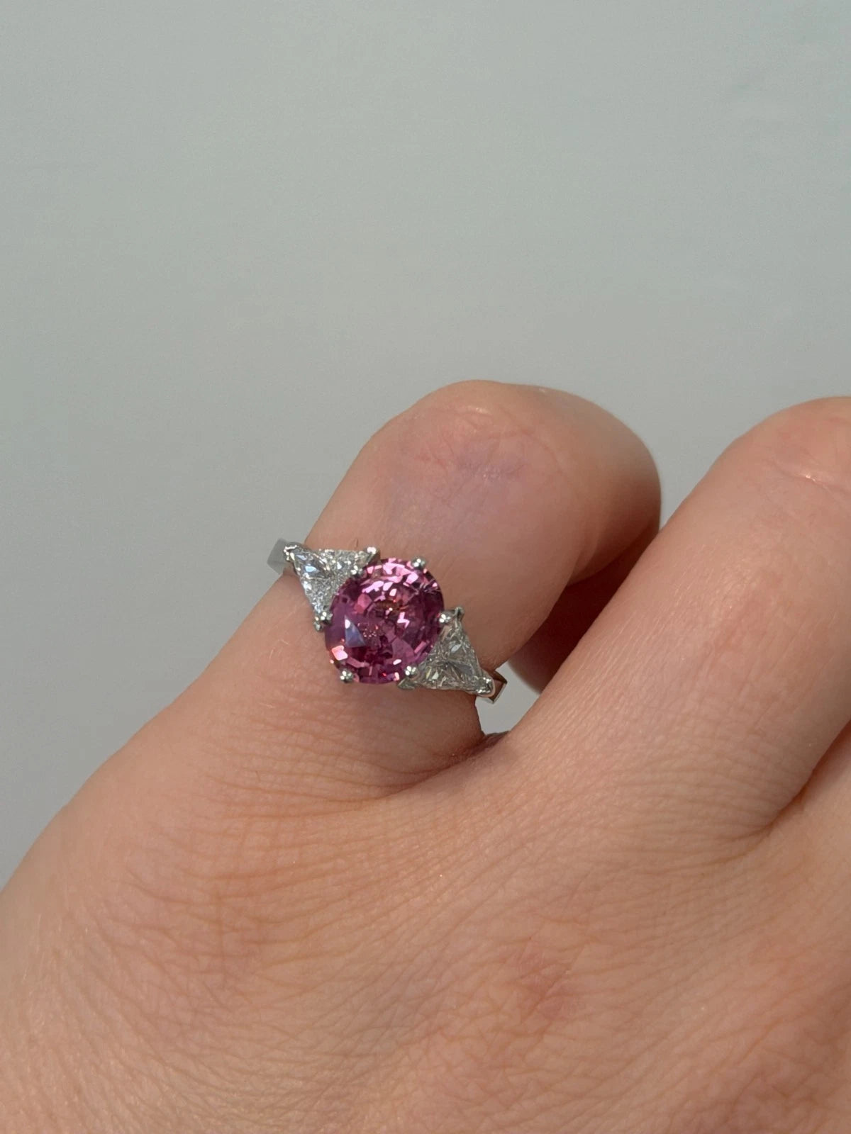 Platinum Natural Padparadscha Sapphire Trillion Diamond Ring 2.16ct .70ctw AIGS by Devine & Co — front view