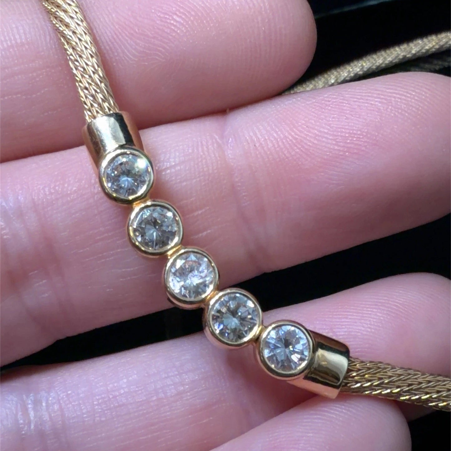 14K Yellow Gold Natural Diamond Bezel Necklace Woven Mesh Chain 18"