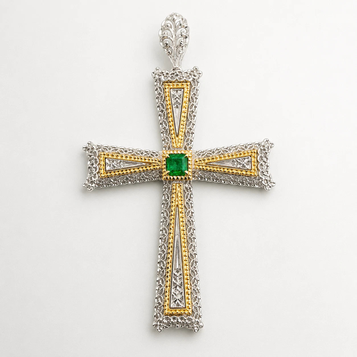 Vintage 18K Two-Tone Gold Natural Emerald Filigree Cross Pendant Italy Large