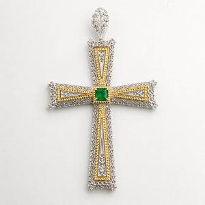 Vintage 18K Two-Tone Gold Natural Emerald Filigree Cross Pendant Italy Large
