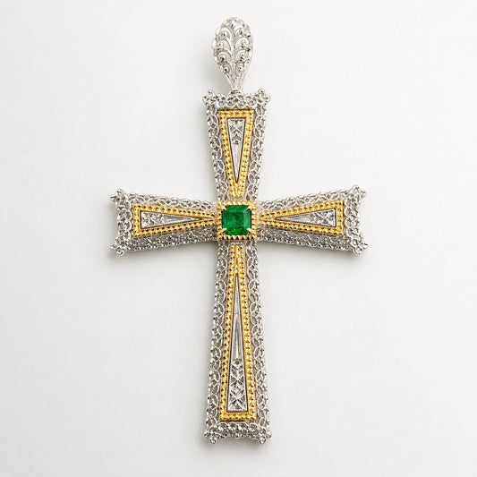 Vintage 18K Two-Tone Gold Natural Emerald Filigree Cross Pendant Italy Large