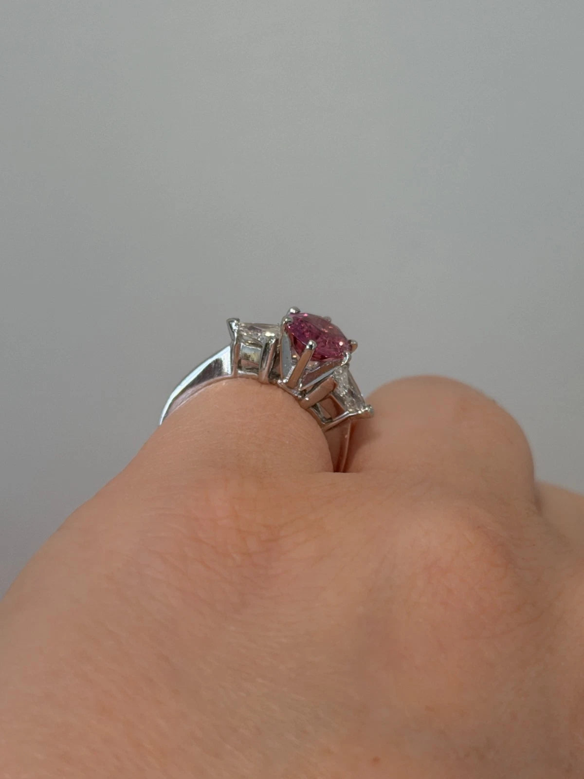 Platinum Natural Padparadscha Sapphire Trillion Diamond Ring 2.16ct .70ctw AIGS by Devine & Co — angled view