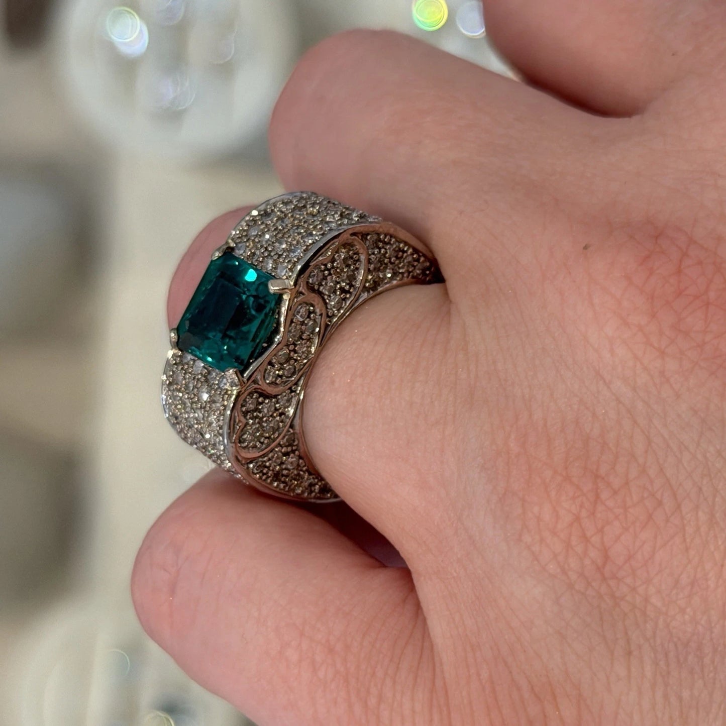 Lab Created Emerald and Diamond Ring 14K White Gold Wide Pavé Mounting 1.50CTW, side detail