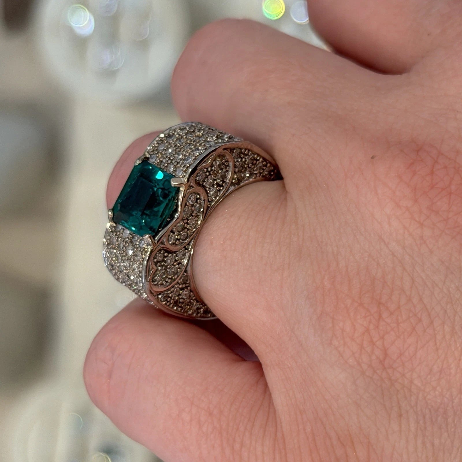 Lab Created Emerald and Diamond Ring 14K White Gold Wide Pavé Mounting 1.50CTW, side detail