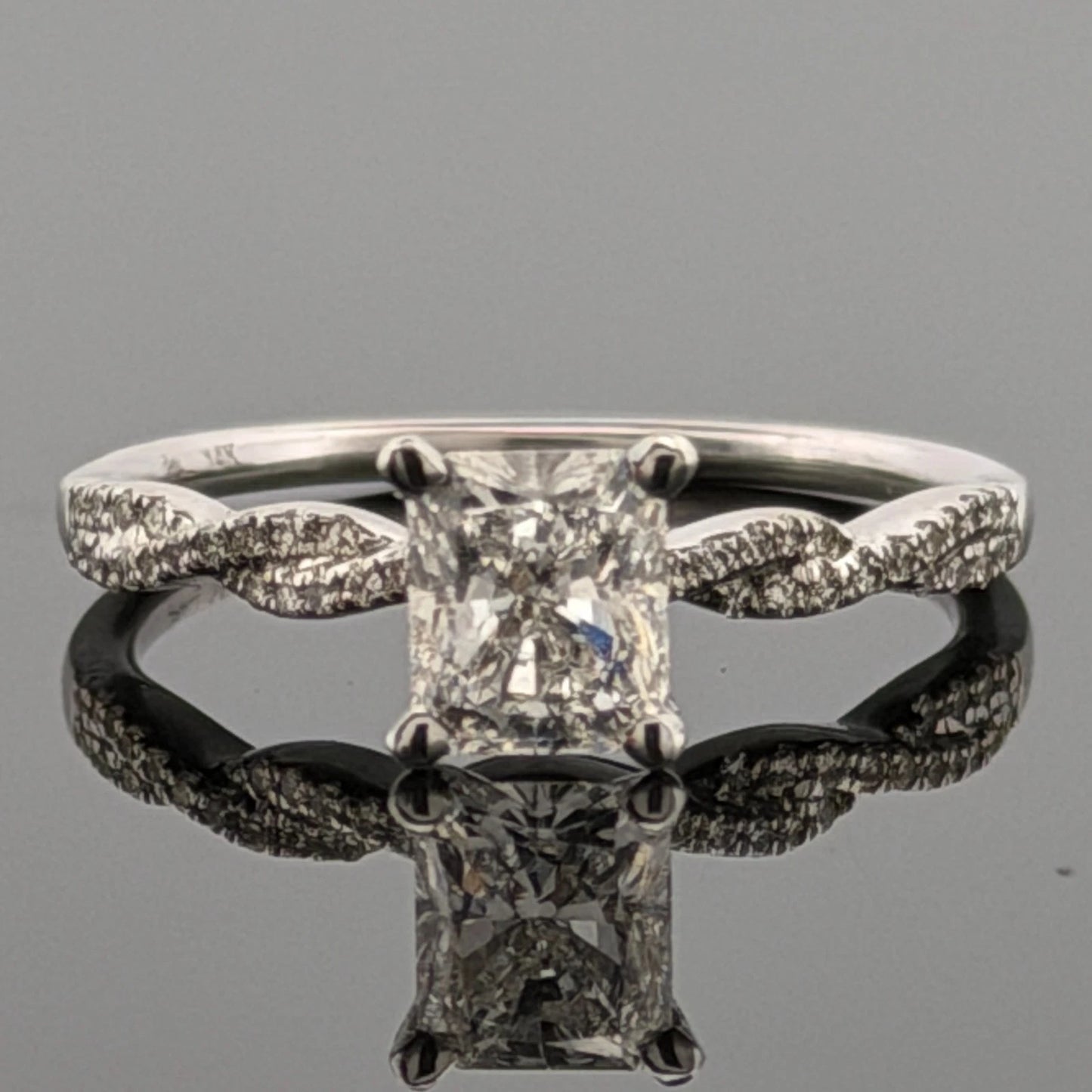 14K White Gold Natural Radiant Cut Diamond Ring 1.01ct F/SI1 GIA Twist Pave by Devine & Co — front view