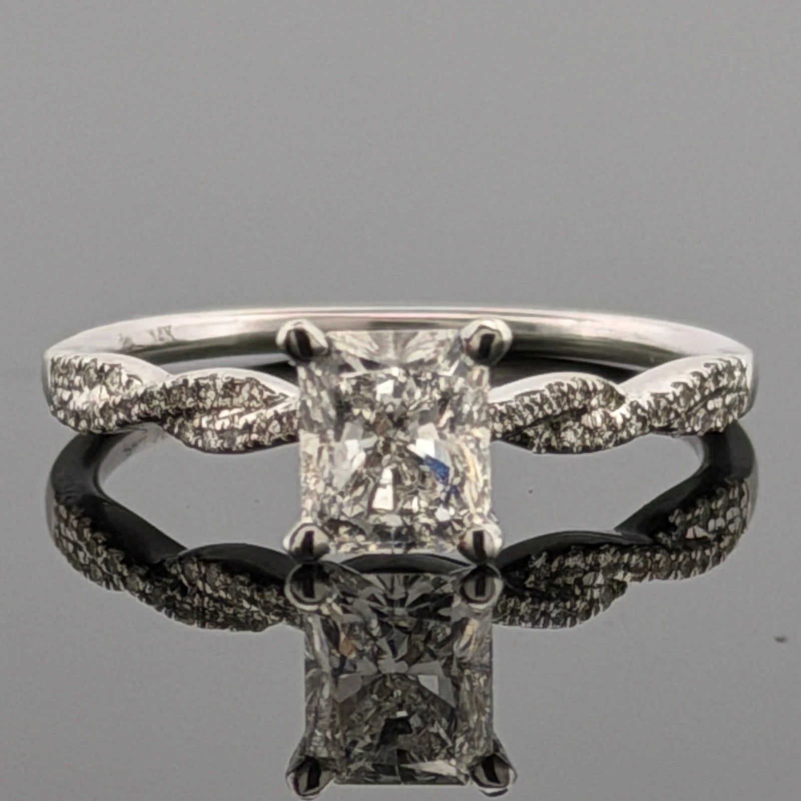 14K White Gold Natural Radiant Cut Diamond Ring 1.01ct F/SI1 GIA Twist Pave by Devine & Co — front view