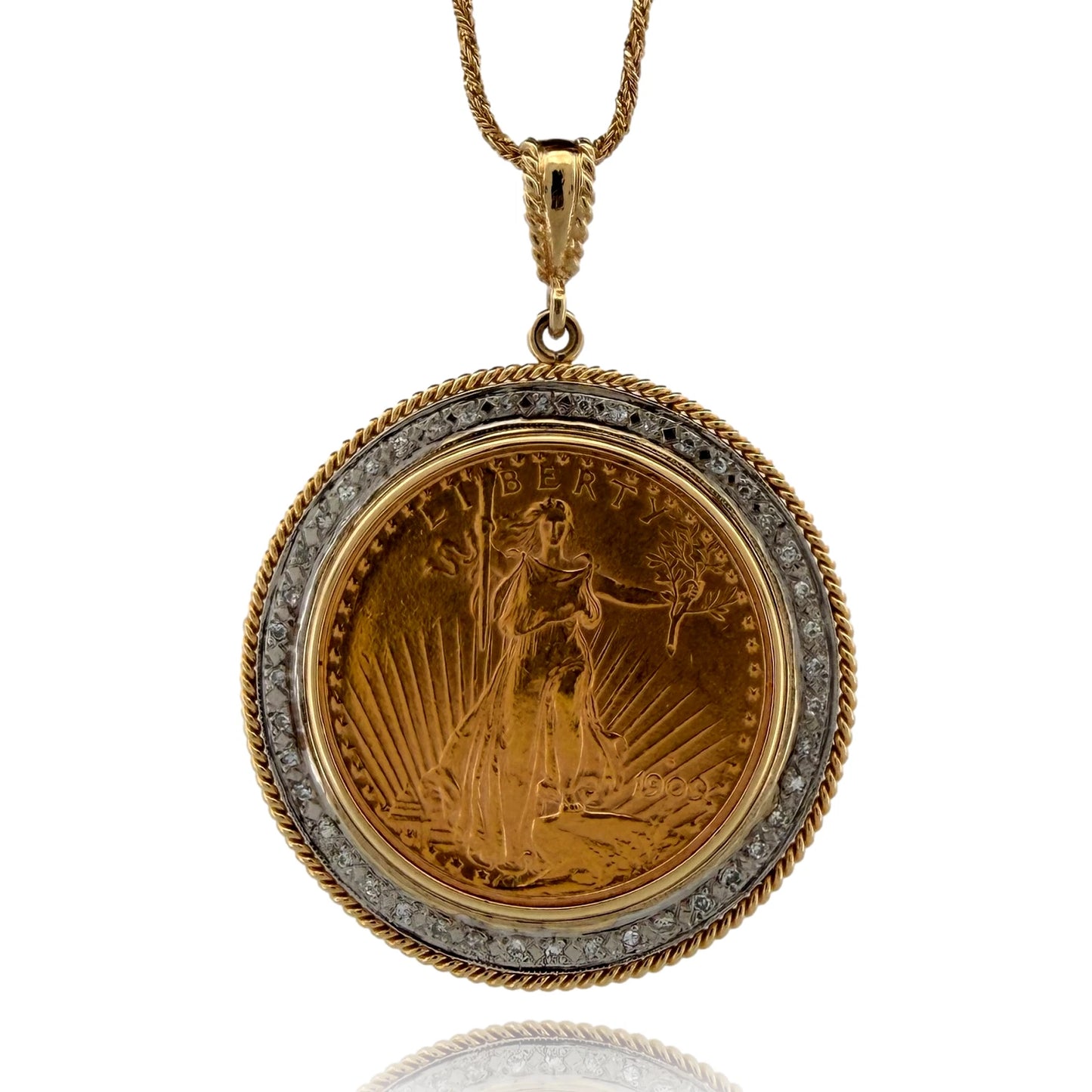 1909 $20 Liberty Gold Coin Diamond Bezel Pendant 14K Gold Necklace 54.62g