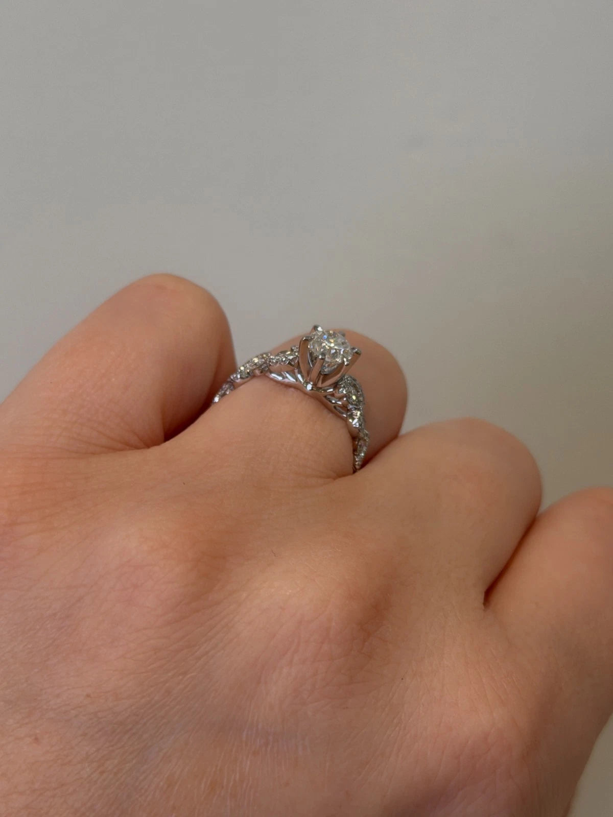14KW Gold Diamond Engagement Ring EGL 0.80ct G/VS1, Pave Twist Shoulders 0.54ct by Devine & Co — angled view