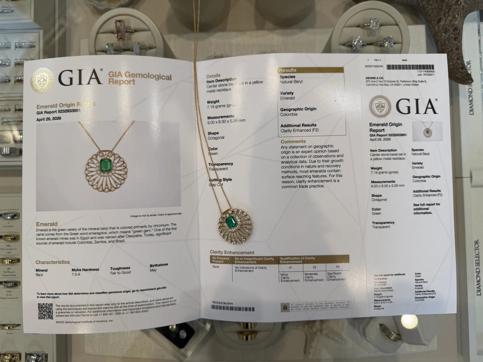 Natural Colombian Emerald and Diamond Pendant Necklace 18K Yellow Gold GIA Report, additional view