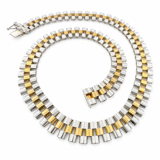 Sterling Silver Yellow Plated Watch Band Link Necklace 12mm Wide 17.5 Inches