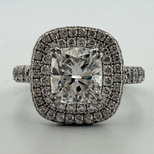 GIA Certified 1.90ct Natural Cushion Cut Diamond Double Halo Engagement Ring Plt