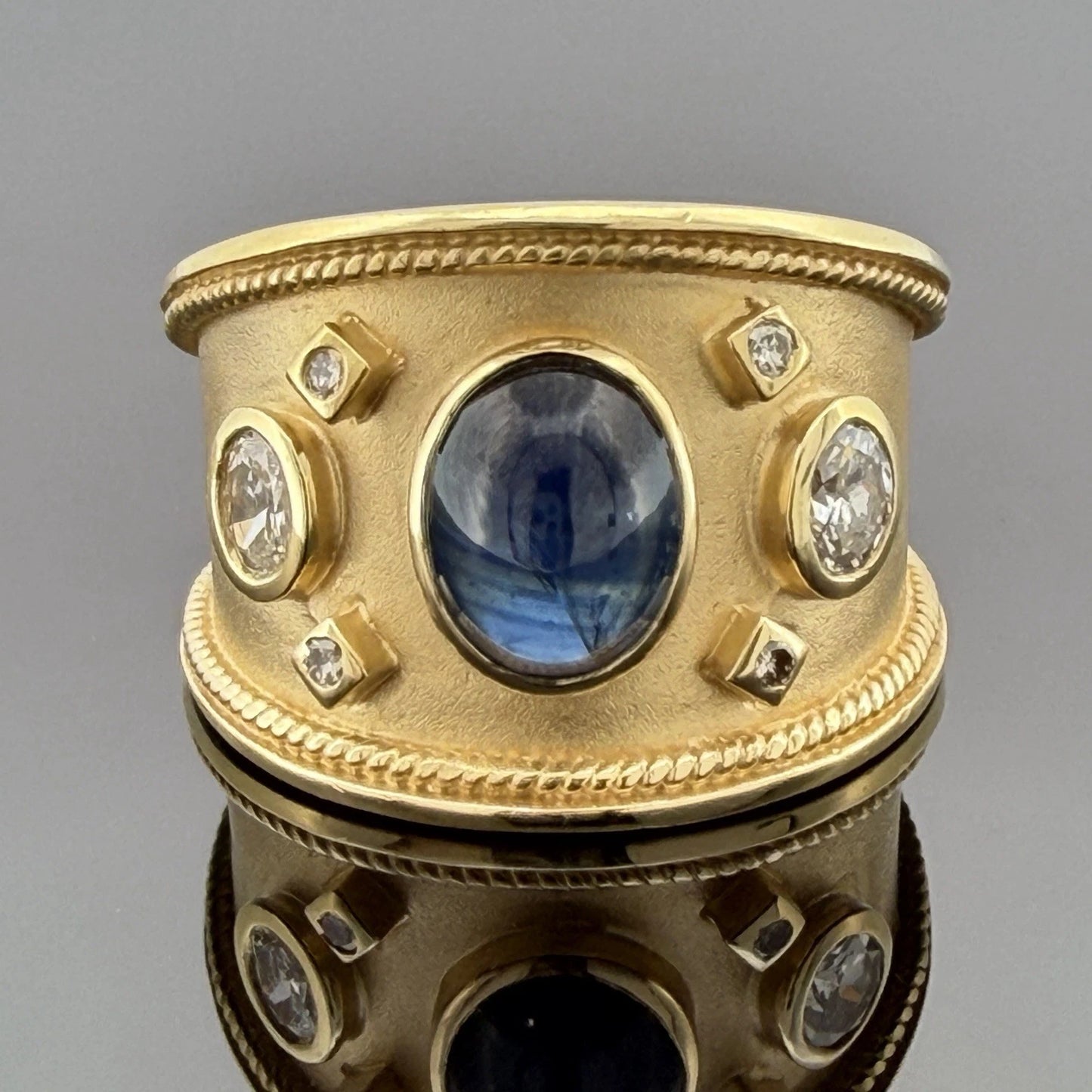 Handmade 18K Yellow Gold Sapphire Diamond Ring Wide Band Size 9 Estate 13g