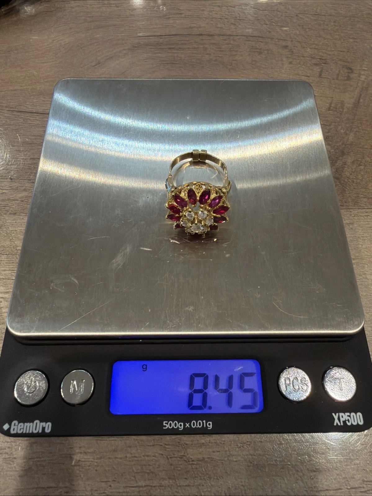 14K Yellow Gold Marquise Ruby & Diamond Cluster Ring – 8.45g – Adjustable 4.5–7 by Devine & Co — side view