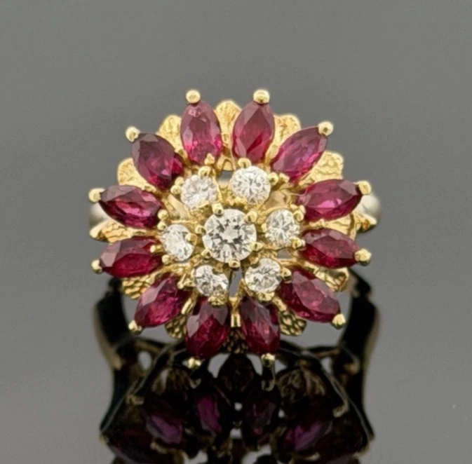 14K Yellow Gold Marquise Ruby & Diamond Cluster Ring – 8.45g – Adjustable 4.5–7 by Devine & Co — detail view