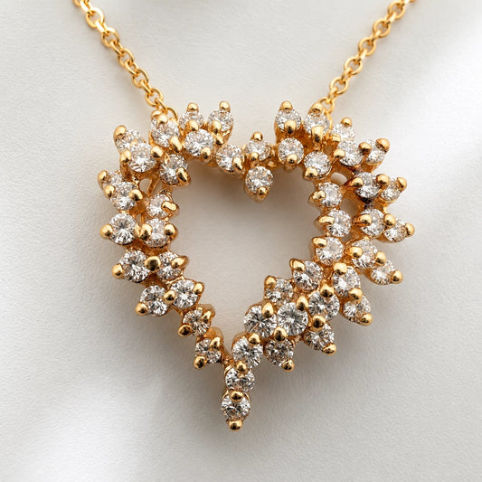 Vintage 14K Yellow Gold Diamond Open Heart Slide Pendant Necklace VS 1CTW 16"