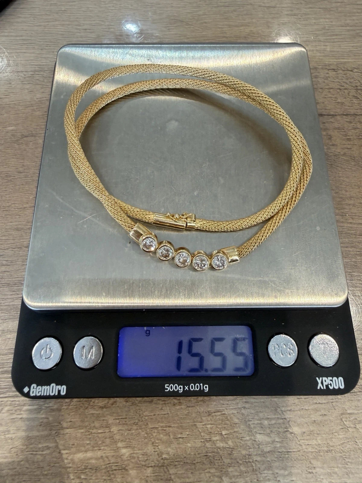 14K Yellow Gold Natural Diamond Bezel Necklace Woven Mesh Chain 18"
