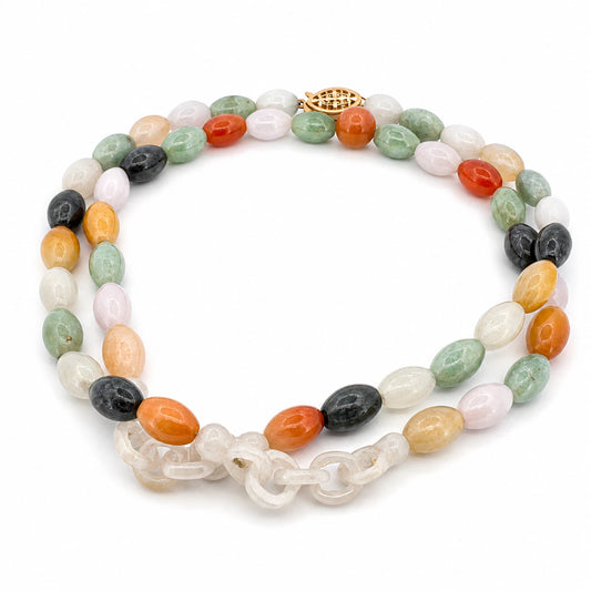 Vintage Multi-Color Jade Bead Necklace 14K Yellow Gold Clasp 27.5" Estate