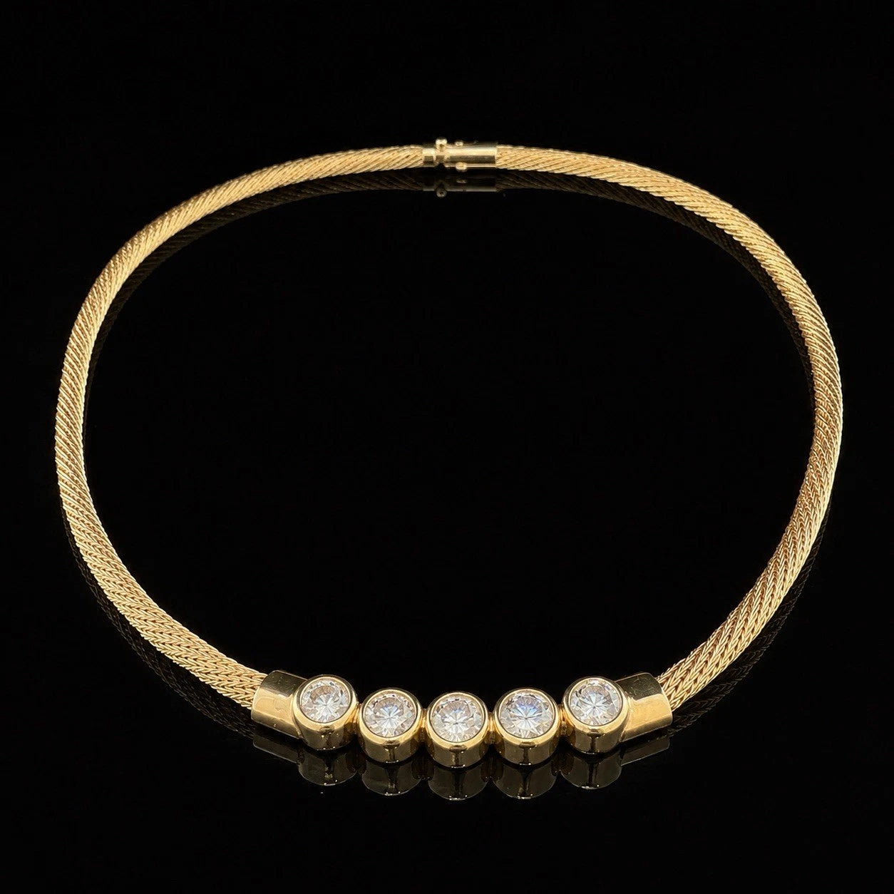 14K Yellow Gold Natural Diamond Bezel Necklace Woven Mesh Chain 18"
