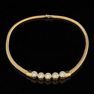 14K Yellow Gold Natural Diamond Bezel Necklace Woven Mesh Chain 18"