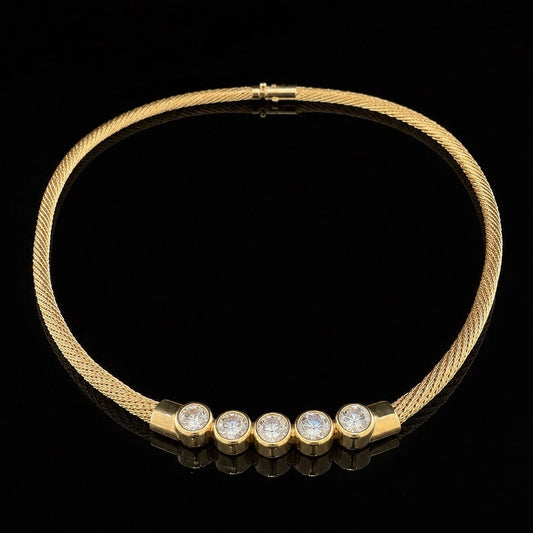 14K Yellow Gold Natural Diamond Bezel Necklace Woven Mesh Chain 18"
