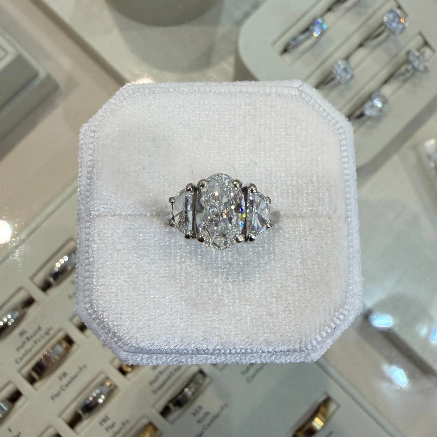 Natural 1.55ct GIA Elongated Oval Diamond Three-Stone Ring 14KW G SI1 Half Moon