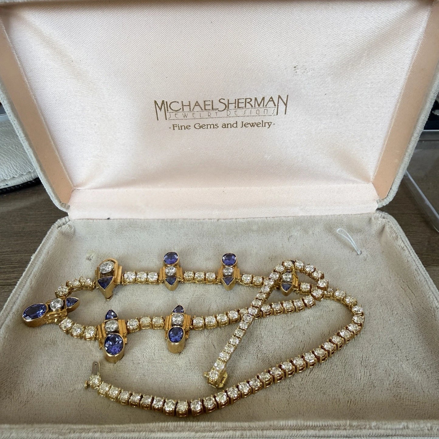 Custom Michael Sherman 18K Gold Natural Tanzanite and Diamond Necklace