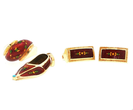 Vintage 14K Yellow Gold Red Enamel Butterfly Motif Ring Slipper Pendant Earrings