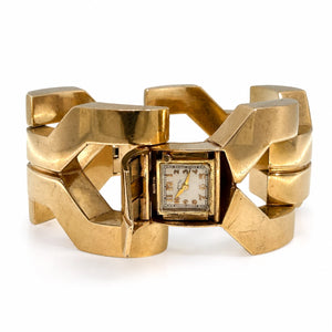 Vintage 14K Yellow Gold Wide Link Bracelet Schiaparelli Hamilton Hidden Watch