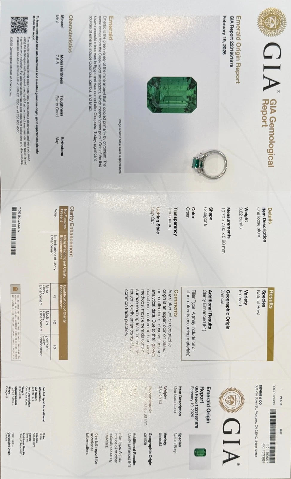 Platinum Natural Zambian Emerald Ring 3.62ct GIA Origin Report Trapezoid Diamond by Devine & Co — on-hand view