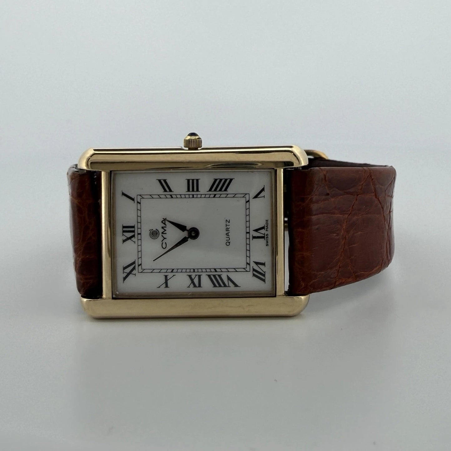 Cyma Swiss Quartz Tank Style Watch 14K Yellow Gold Case Vintage 1990's, dial detail