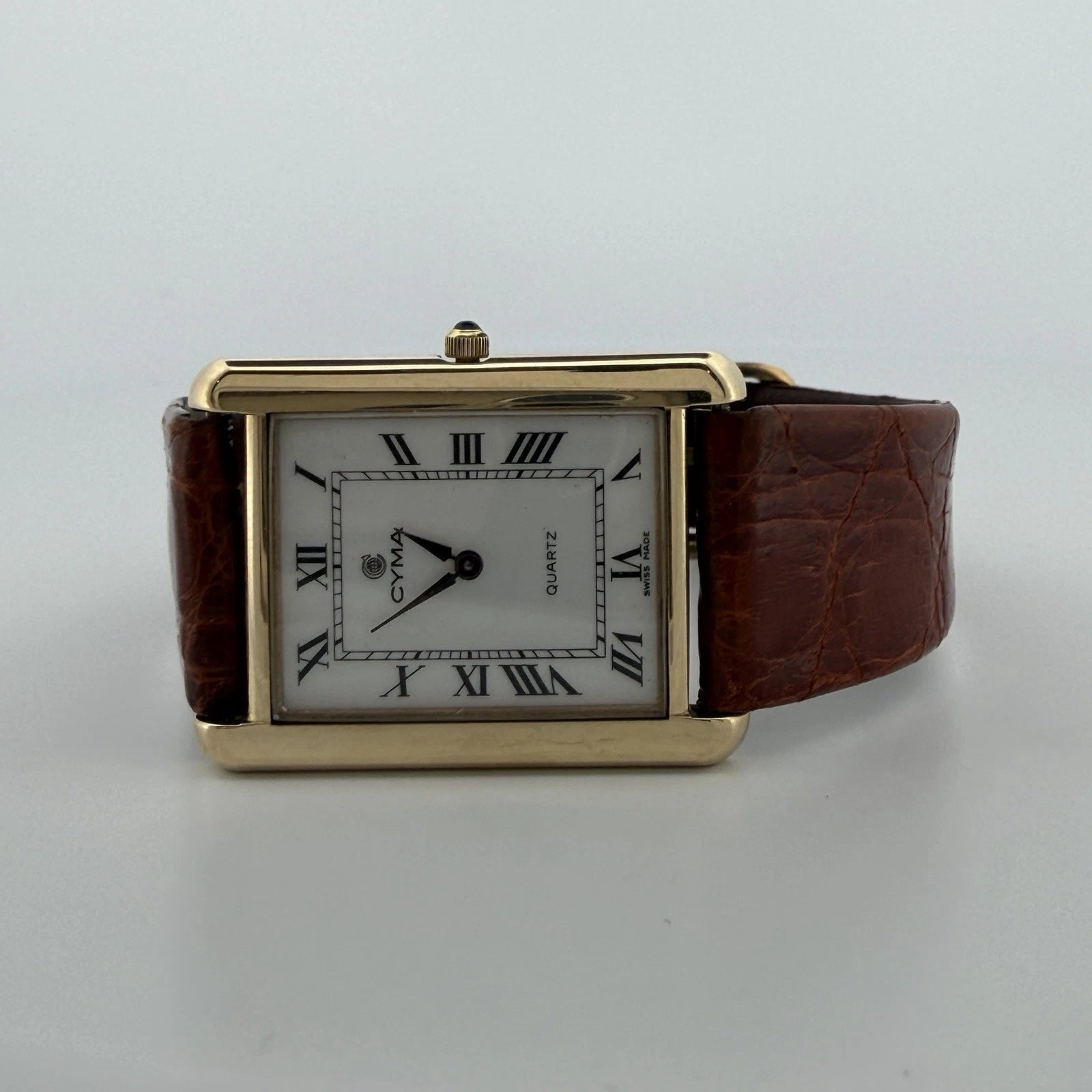 Cyma Swiss Quartz Tank Style Watch 14K Yellow Gold Case Vintage 1990's, dial detail