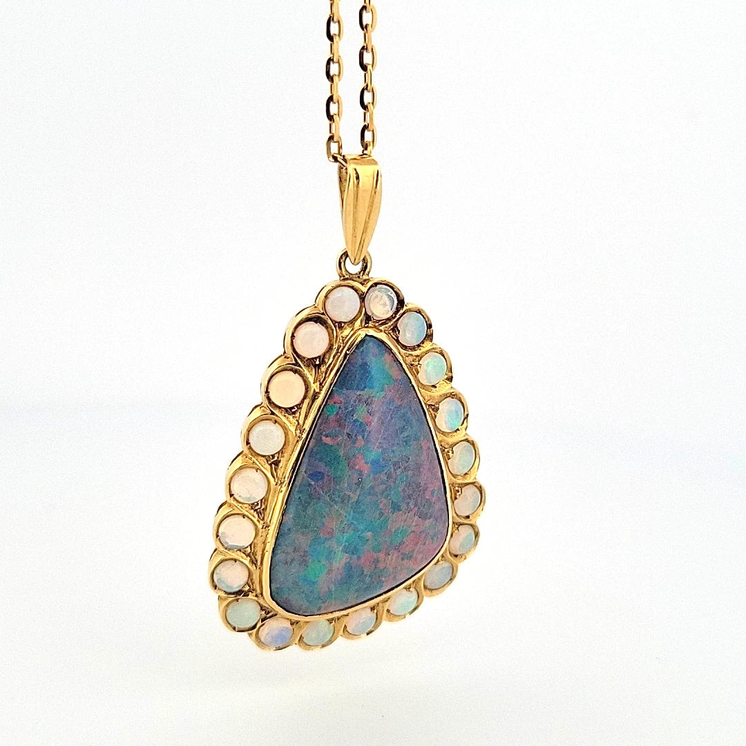 Large Triangular Black Opal Doublet Pendant with Round Crystal Opals 18 13g 14K by Devine & Co