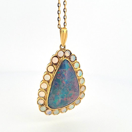 Large Triangular Black Opal Doublet Pendant with Round Crystal Opals 18 13g 14K by Devine & Co