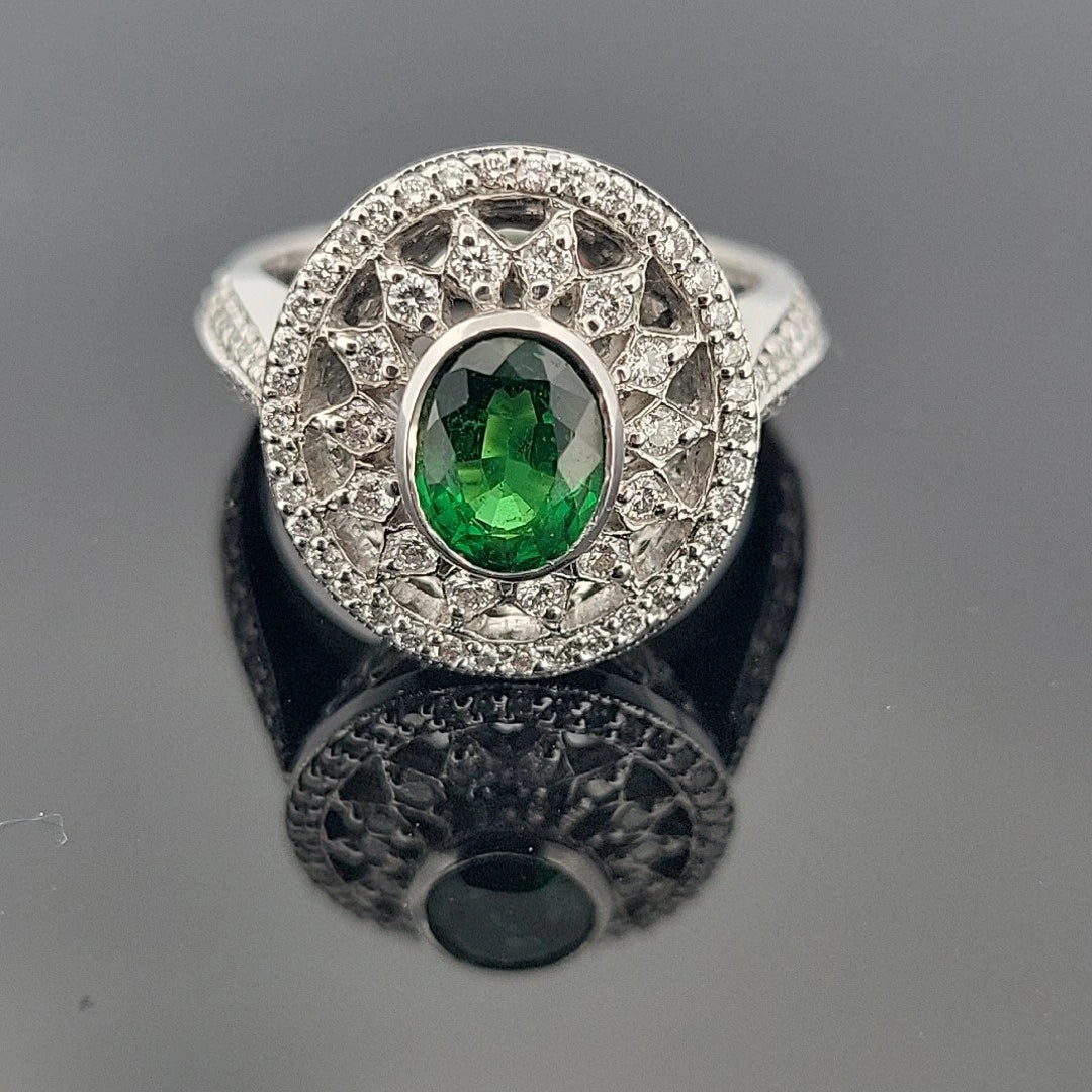 18K White Gold Tsavorite & Diamond Ring 1.51ct Oval Tsavorite 1.02ctw Diamonds by Devine & Co