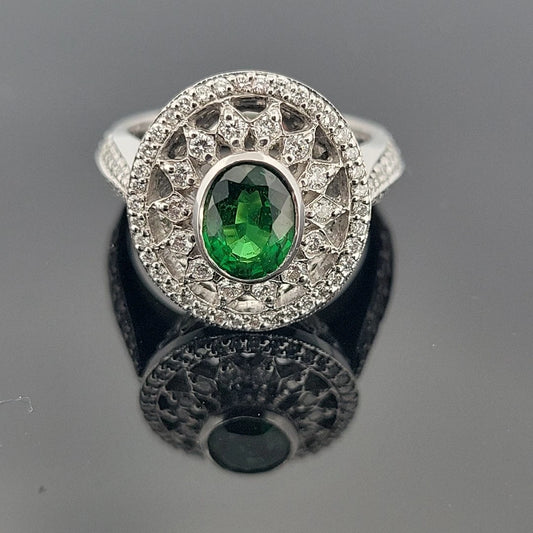 18K White Gold Tsavorite & Diamond Ring 1.51ct Oval Tsavorite 1.02ctw Diamonds by Devine & Co