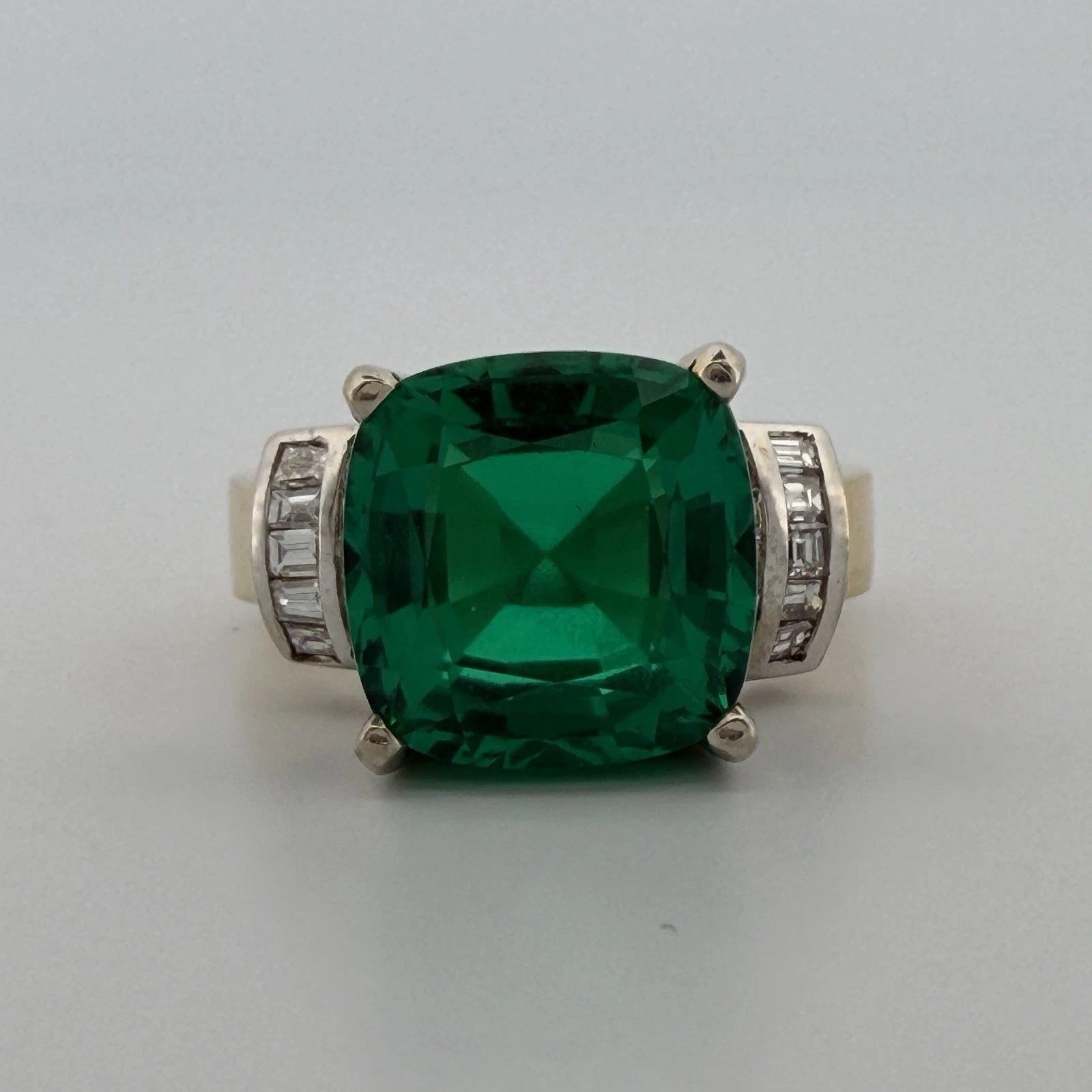 Lab Created Emerald and Diamond Ring 14K Two Tone Gold Heavy Mounting 12x12mm Sz 8, alternate view