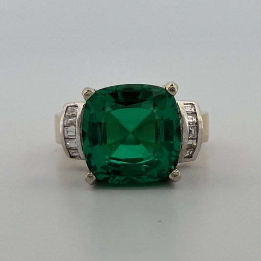 Lab Created Emerald and Diamond Ring 14K Two Tone Gold Heavy Mounting 12x12mm Sz 8, alternate view